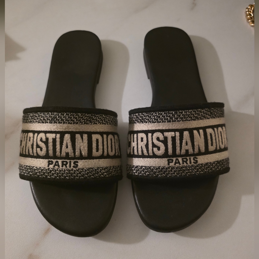 Dior Women's Black and Cream Sandals Deway Slides